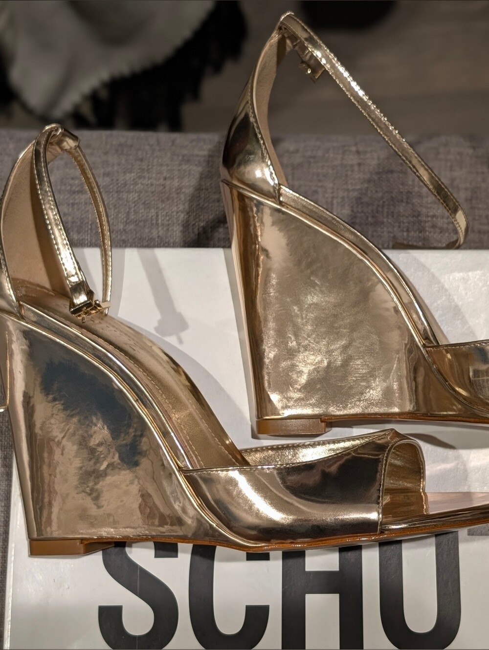 NOT WORN. SCHUTZ - Women's Metallic Gold Slingback Wedge Sandals